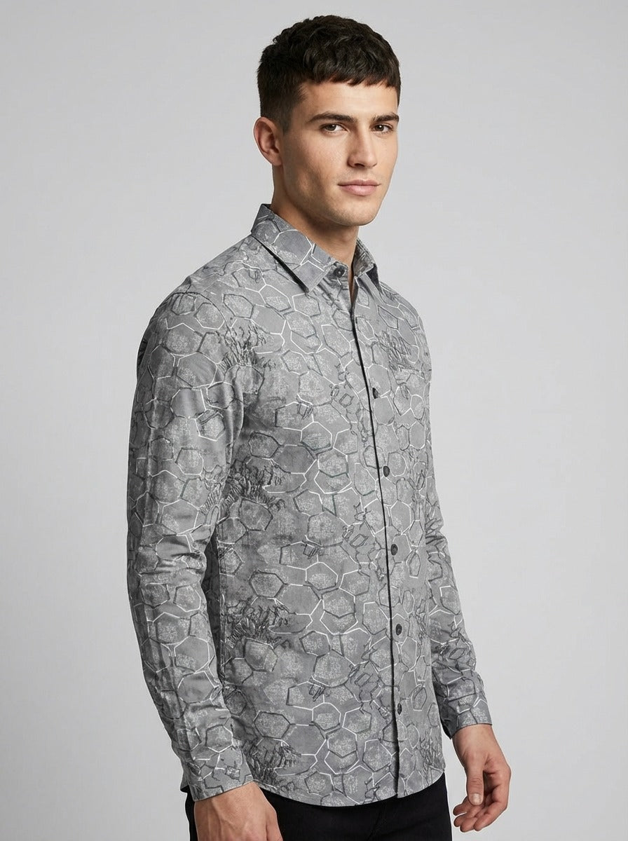 Geometric Honeycomb Pattern Long Sleeve Shirt – Lightweight Button Down Shirt