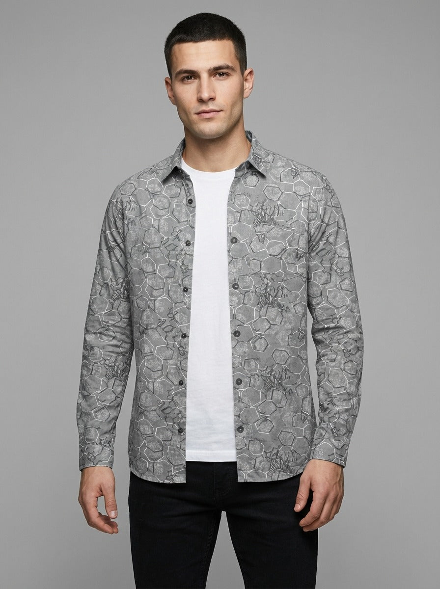 Geometric Honeycomb Pattern Long Sleeve Shirt – Lightweight Button Down Shirt