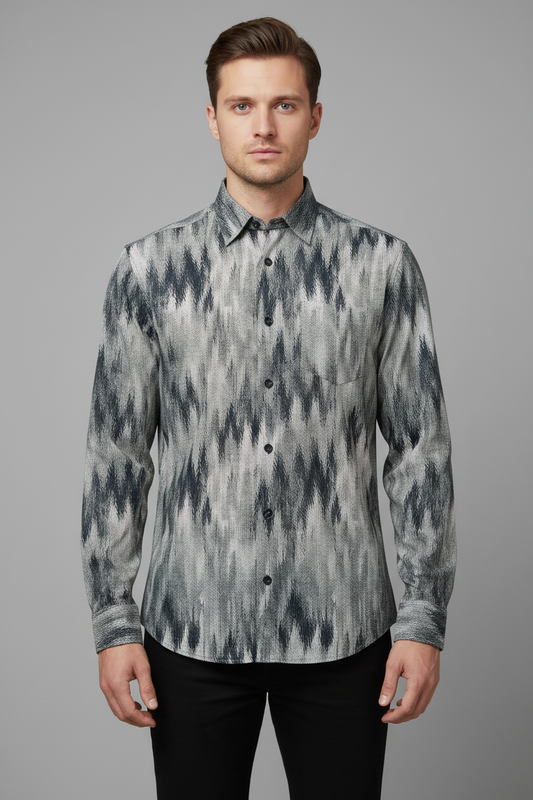 Zigzag Print Long Sleeve Shirt – Cotton Blend Button Down Casual Wear