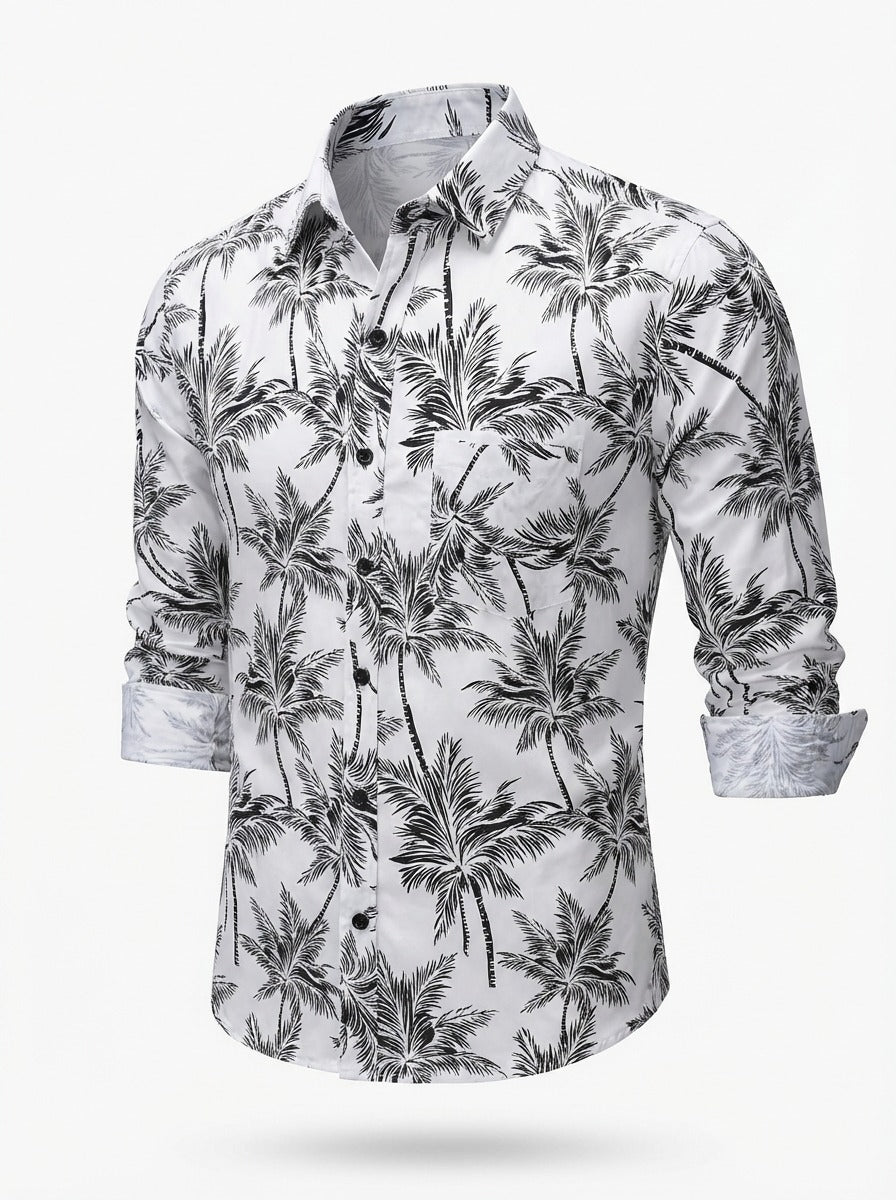 Monochrome Palm Print Viscose Resort Shirt - Long Sleeve Slim Fit