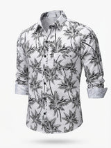Monochrome Palm Print Viscose Resort Shirt - Long Sleeve Slim Fit
