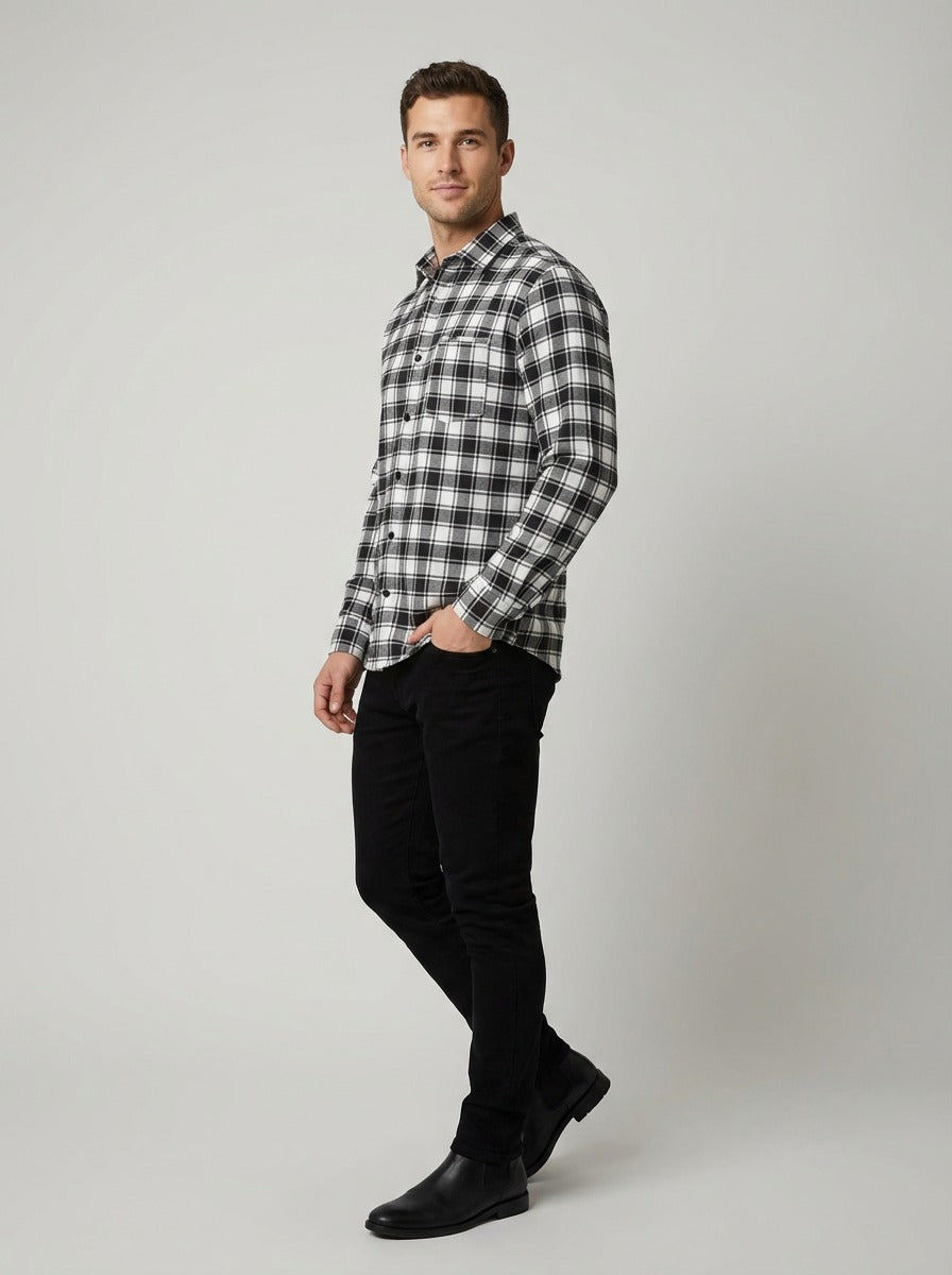 Slim-Fit Black & White Plaid Brushed Cotton Shirt