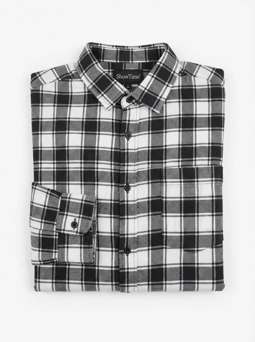 Slim-Fit Black & White Plaid Brushed Cotton Shirt