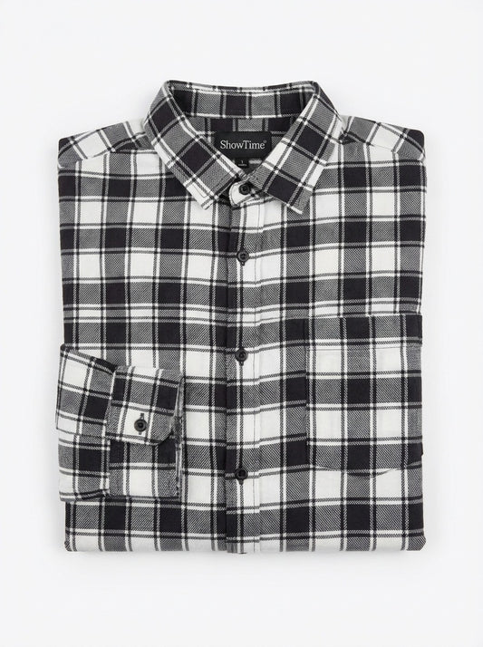 Slim-Fit Black & White Plaid Brushed Cotton Shirt
