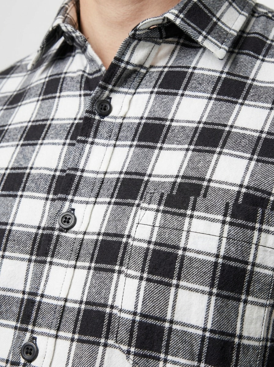 Slim-Fit Black & White Plaid Brushed Cotton Shirt