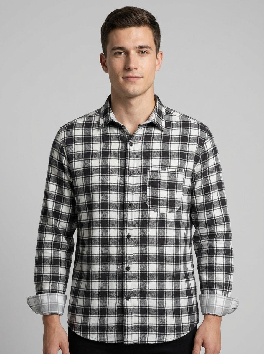 Slim-Fit Black & White Plaid Brushed Cotton Shirt