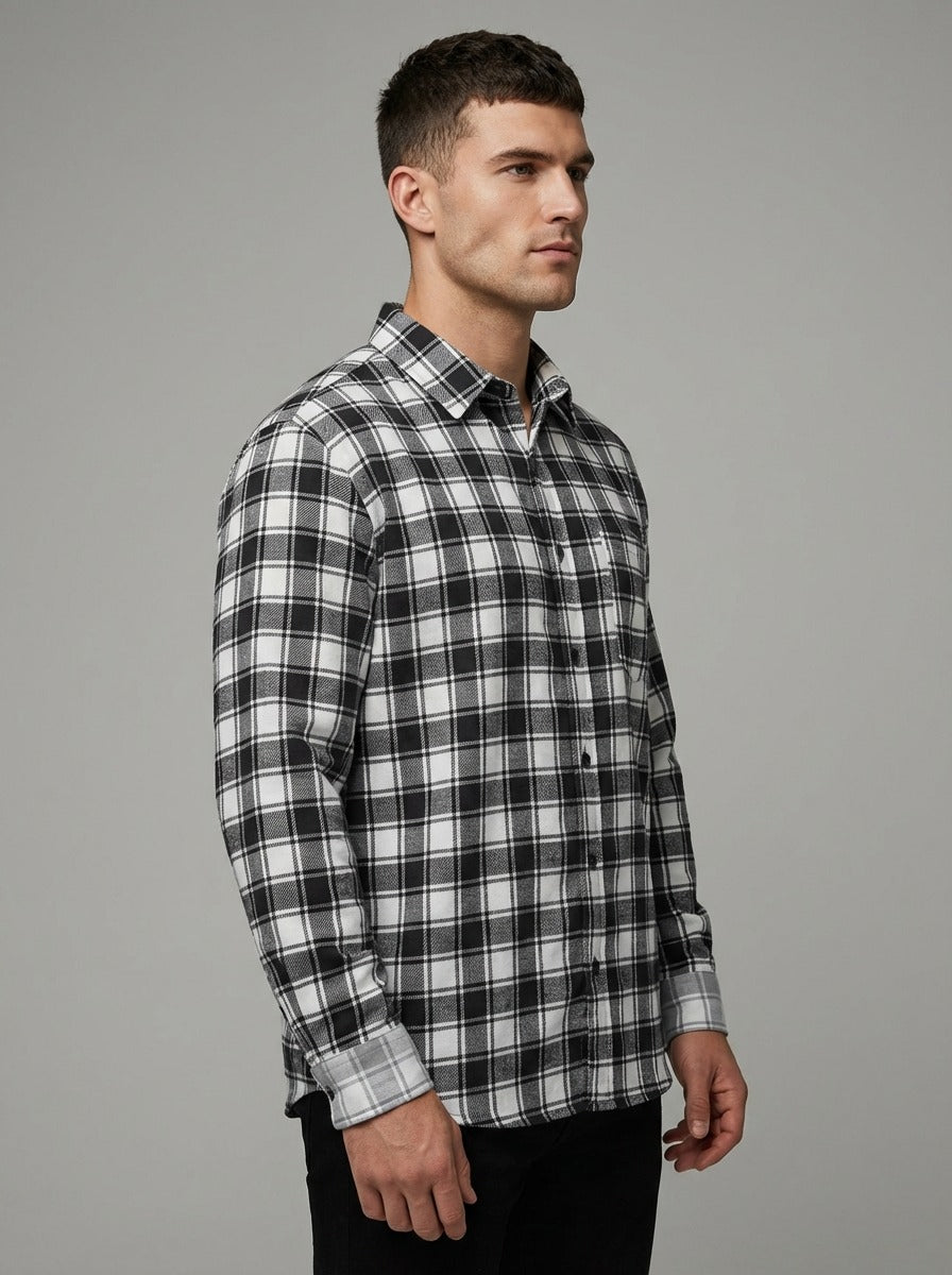 Slim-Fit Black & White Plaid Brushed Cotton Shirt