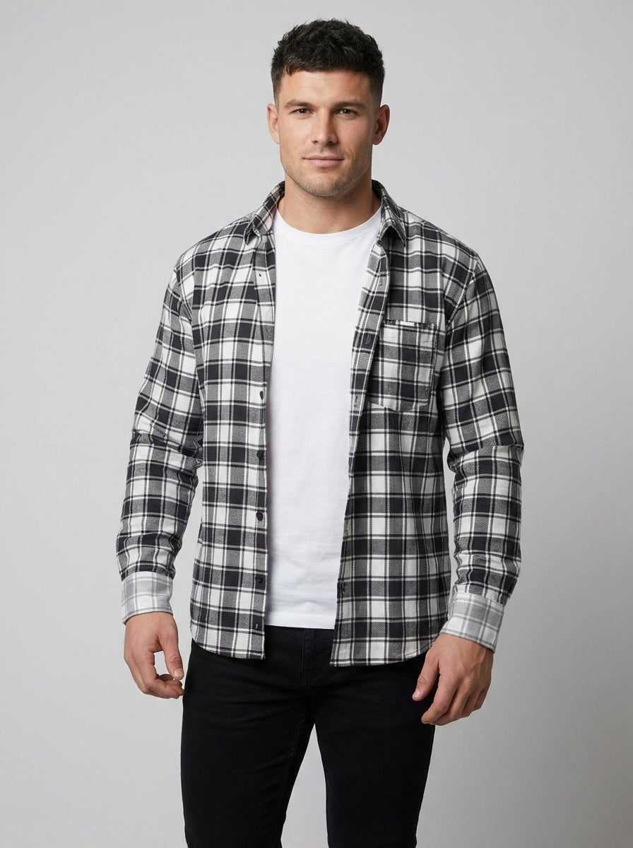 Slim-Fit Black & White Plaid Brushed Cotton Shirt