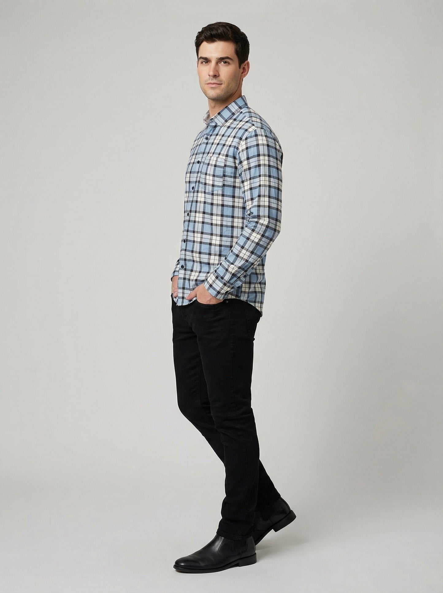 Men's Classic Blue and Grey Plaid Button-Down Shirt