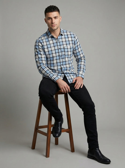 Men's Classic Blue and Grey Plaid Button-Down Shirt