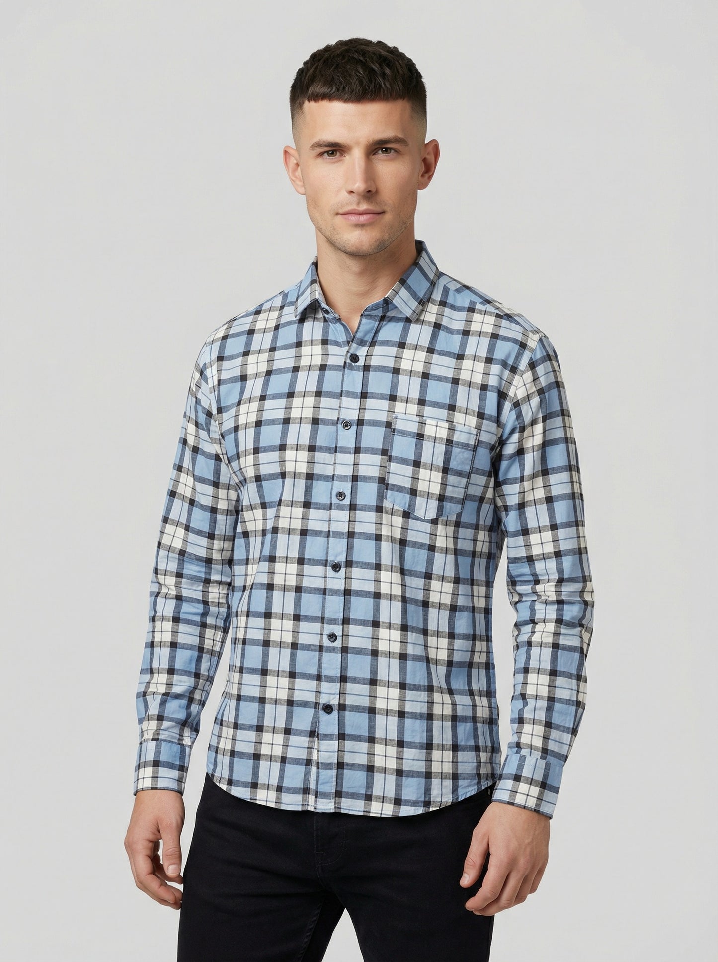Men's Classic Blue and Grey Plaid Button-Down Shirt