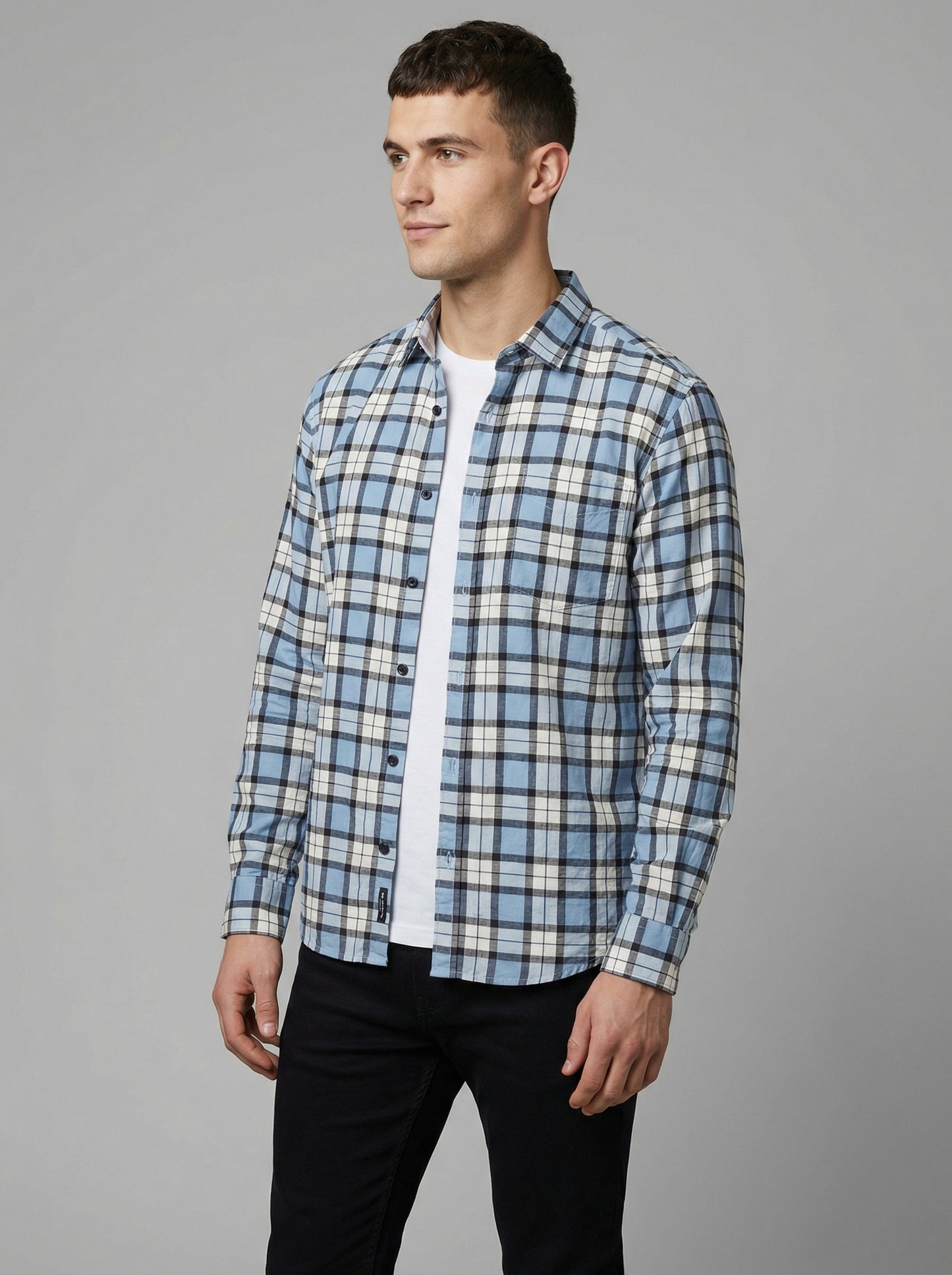 Men's Classic Blue and Grey Plaid Button-Down Shirt