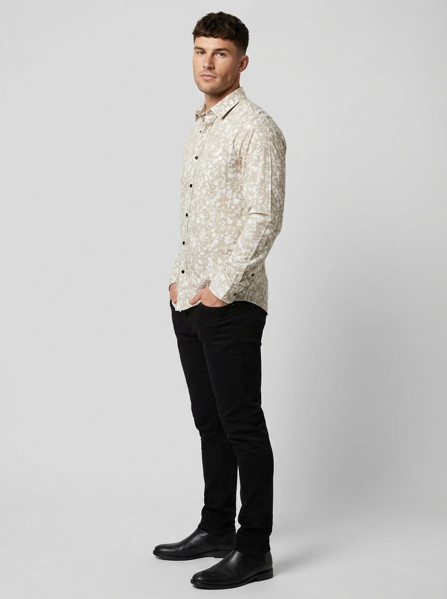 Men's Slim-Fit Linen-Blend Botanical Floral Shirt in Sand