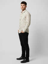 Men's Slim-Fit Linen-Blend Botanical Floral Shirt in Sand