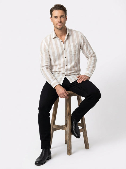 Men's Relaxed Fit Striped Linen Blend Shirt in Sand White