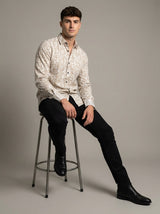 Men's Slim-Fit Linen-Blend Botanical Floral Shirt in Sand