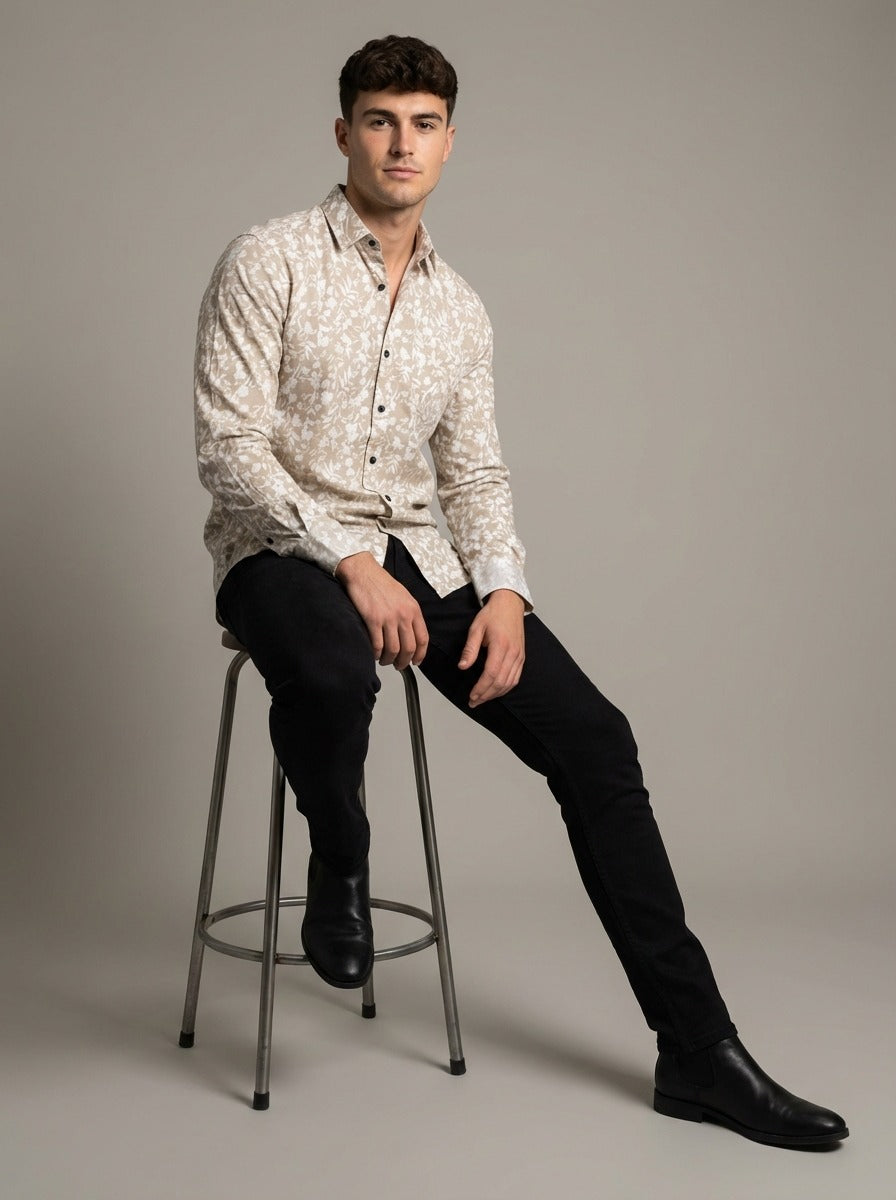 Men's Slim-Fit Linen-Blend Botanical Floral Shirt in Sand