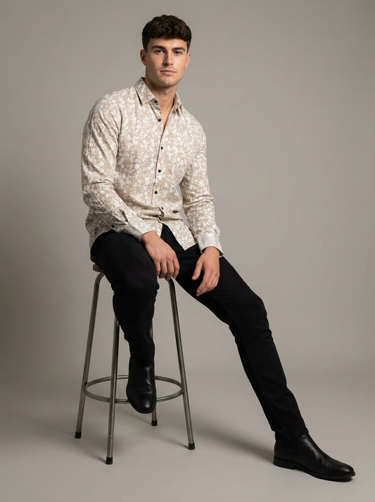 Men's Slim-Fit Linen-Blend Botanical Floral Shirt in Sand