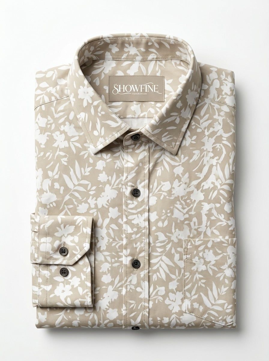 Men's Slim-Fit Linen-Blend Botanical Floral Shirt in Sand