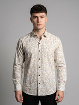 Men's Slim-Fit Linen-Blend Botanical Floral Shirt in Sand