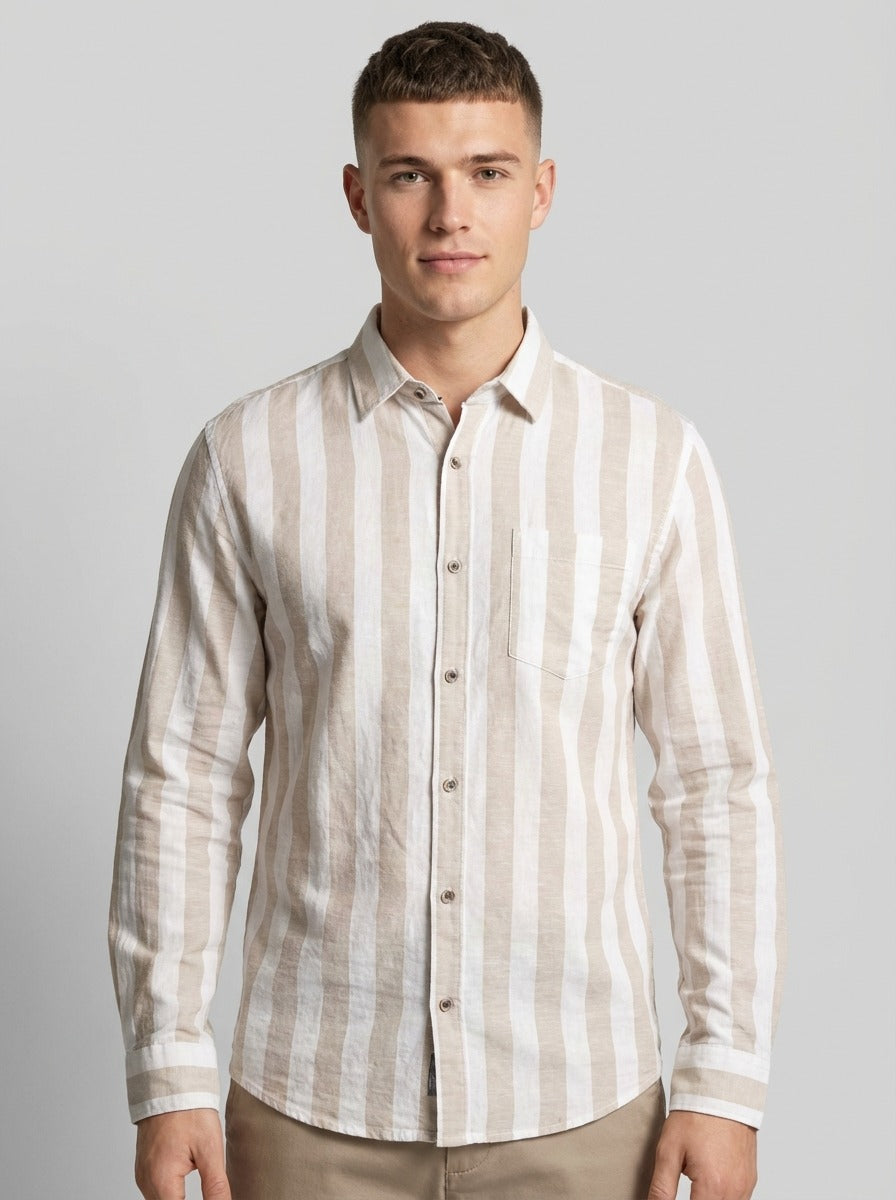 Men's Relaxed Fit Striped Linen Blend Shirt in Sand White