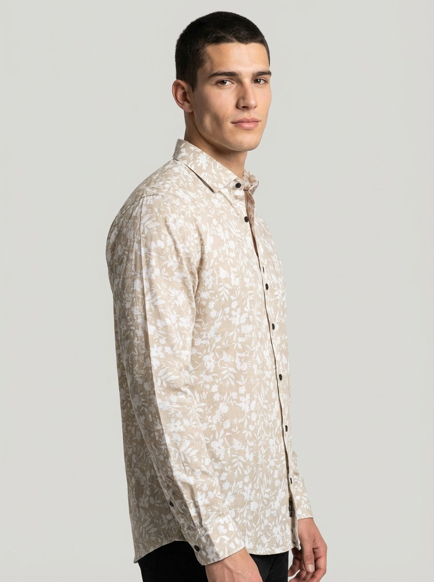 Men's Slim-Fit Linen-Blend Botanical Floral Shirt in Sand