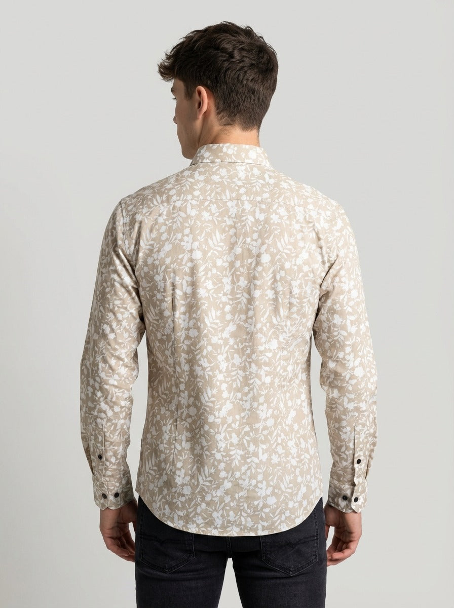 Men's Slim-Fit Linen-Blend Botanical Floral Shirt in Sand