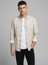 Men's Slim-Fit Linen-Blend Botanical Floral Shirt in Sand