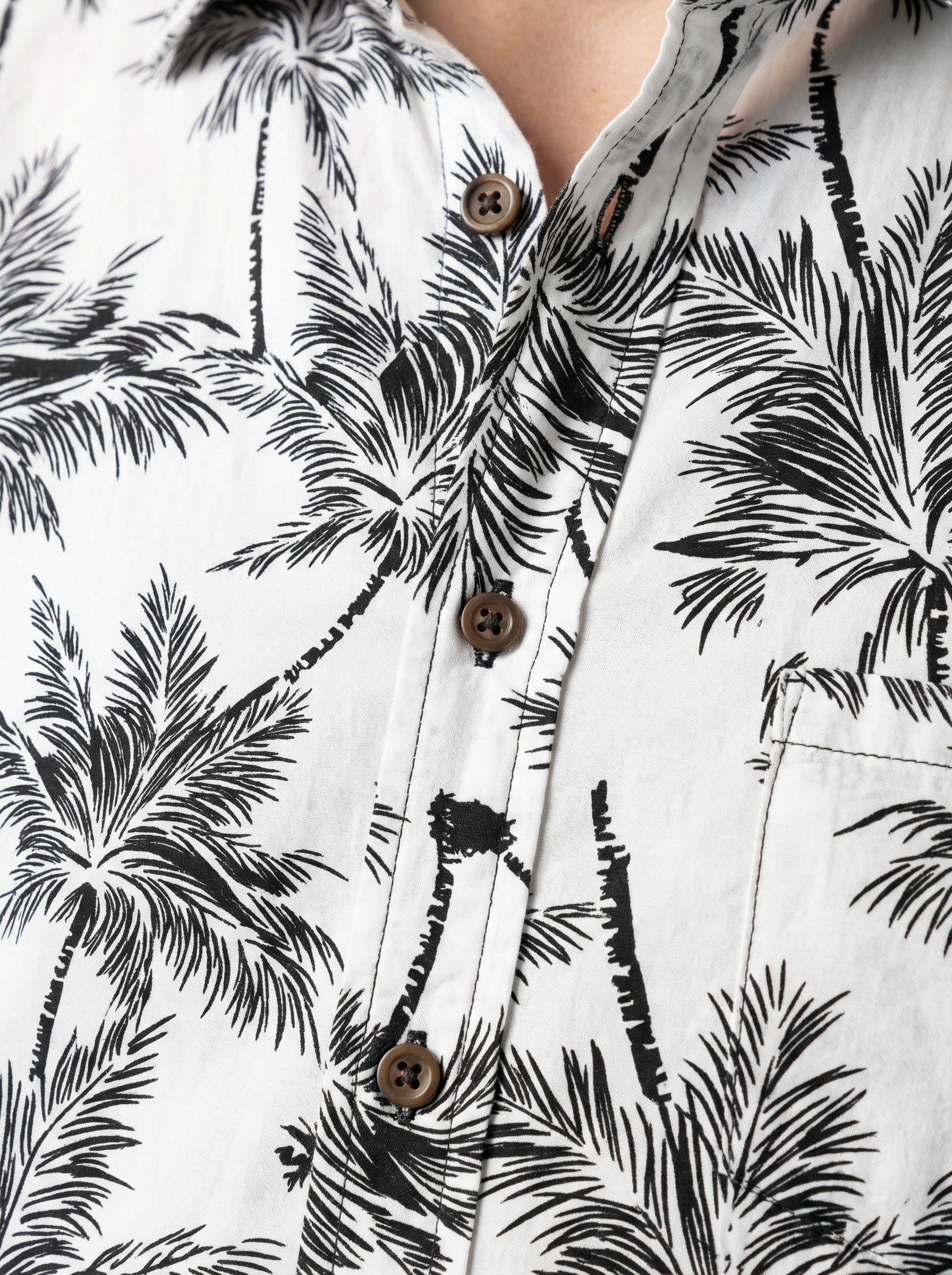 Monochrome Palm Print Viscose Resort Shirt - Long Sleeve Slim Fit