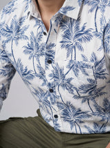 Men's Slim Fit Navy Palm Tree Print White Resort Shirt