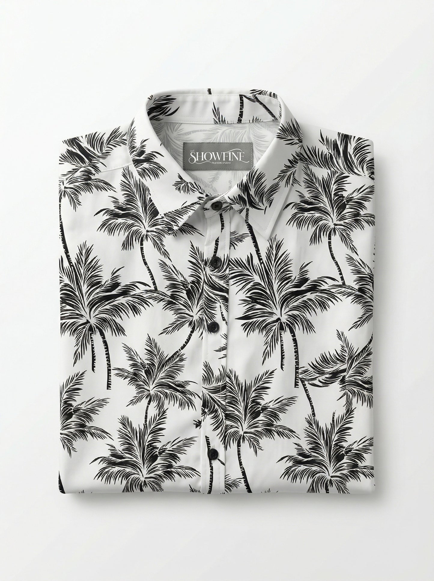 Monochrome Palm Print Viscose Resort Shirt - Long Sleeve Slim Fit