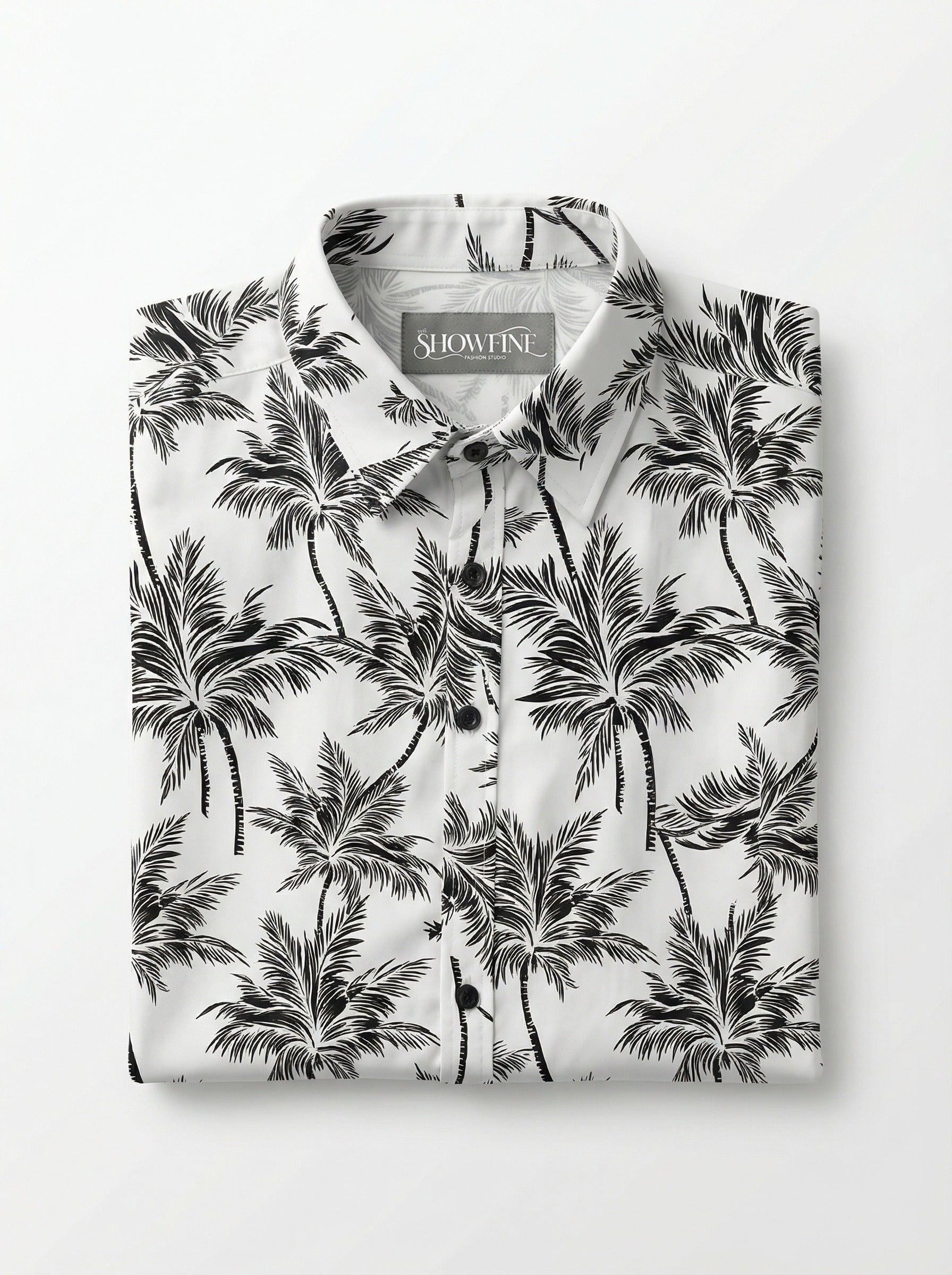 Monochrome Palm Print Viscose Resort Shirt - Long Sleeve Slim Fit