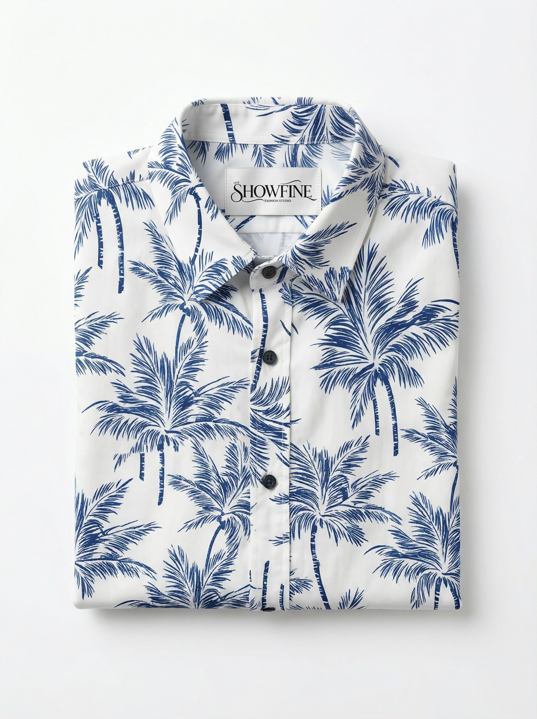 Men's Slim Fit Navy Palm Tree Print White Resort Shirt