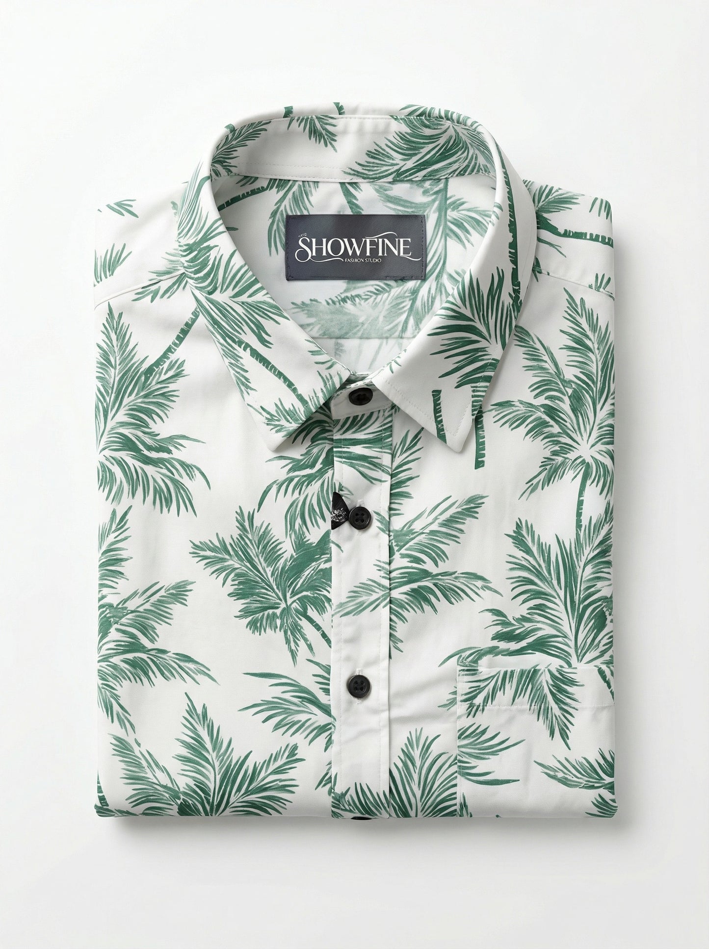 Premium Cotton Slim-Fit Palm Print Resort Shirt - Green/White