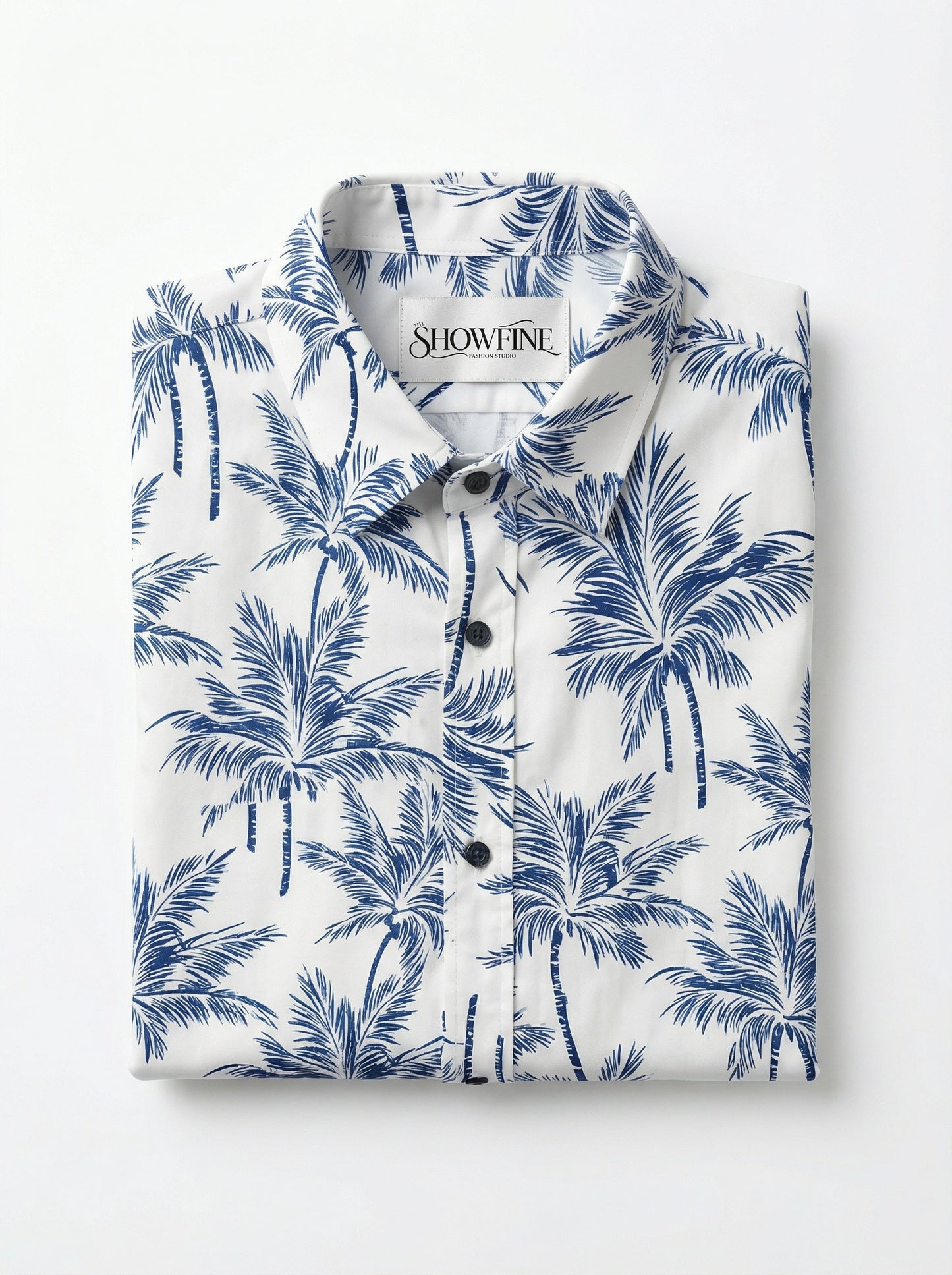 Men's Slim Fit Navy Palm Tree Print White Resort Shirt