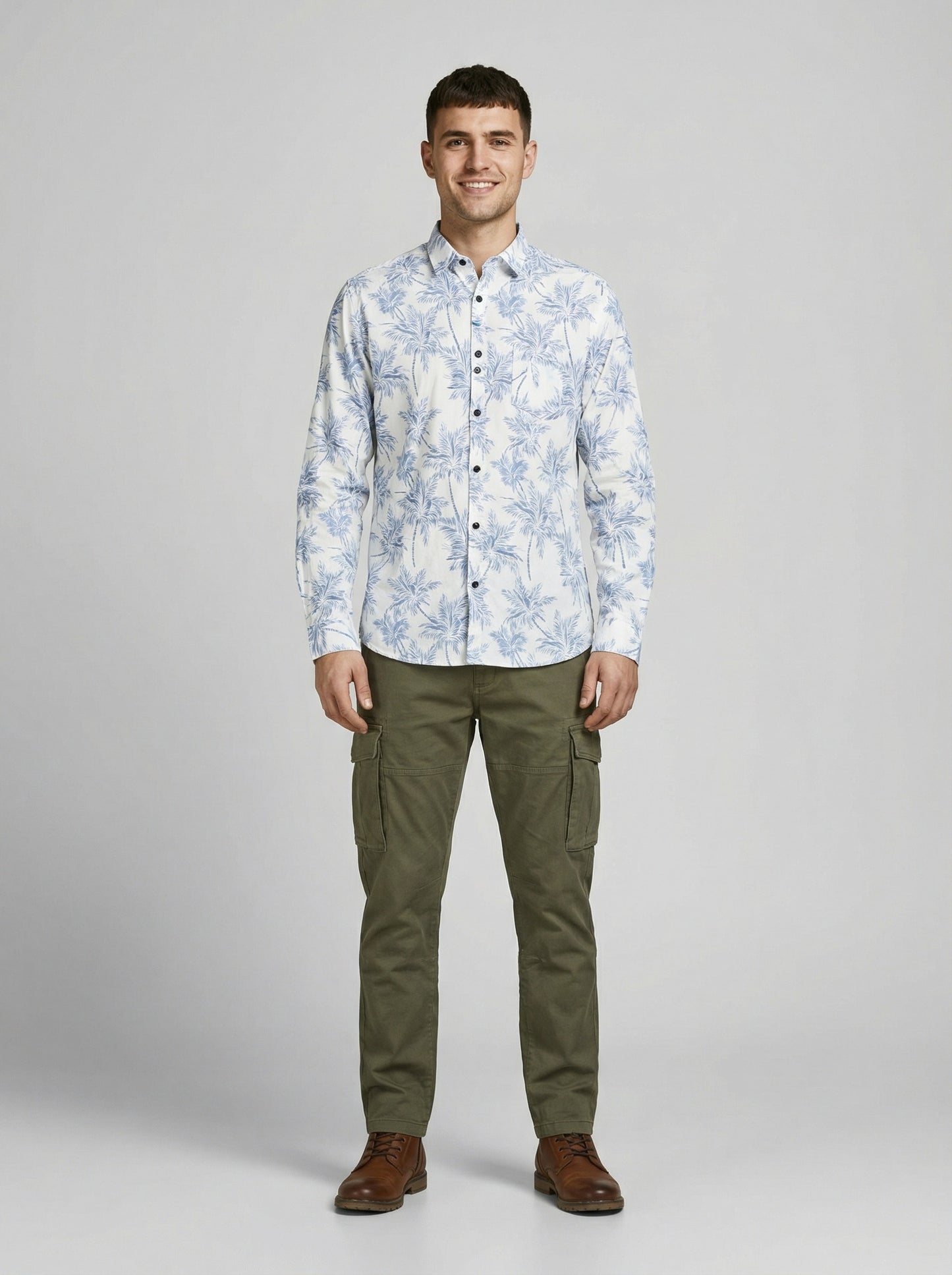 Men's THE SHOWFINE Blue Palm Print Slim-Fit Button-Down Shirt