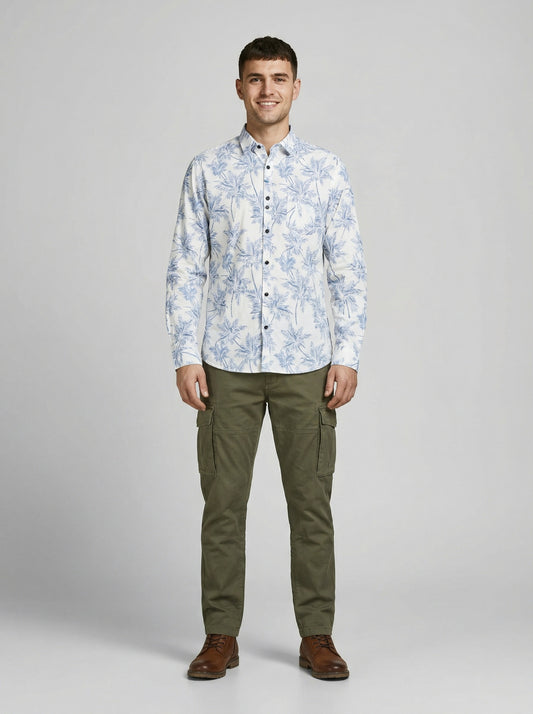 Men's THE SHOWFINE Blue Palm Print Slim-Fit Button-Down Shirt