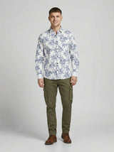Men's Slim Fit Navy Palm Tree Print White Resort Shirt