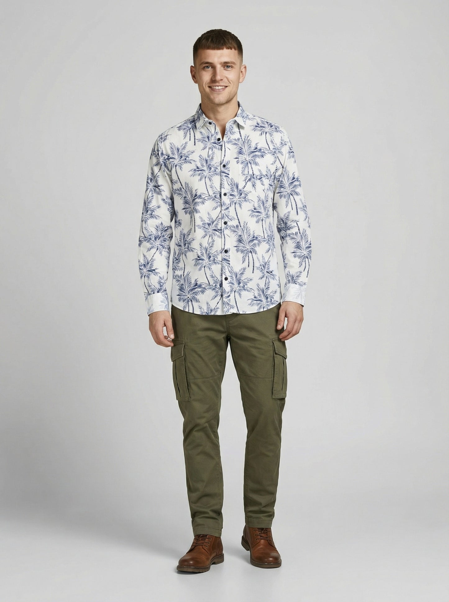 Men's Slim Fit Navy Palm Tree Print White Resort Shirt