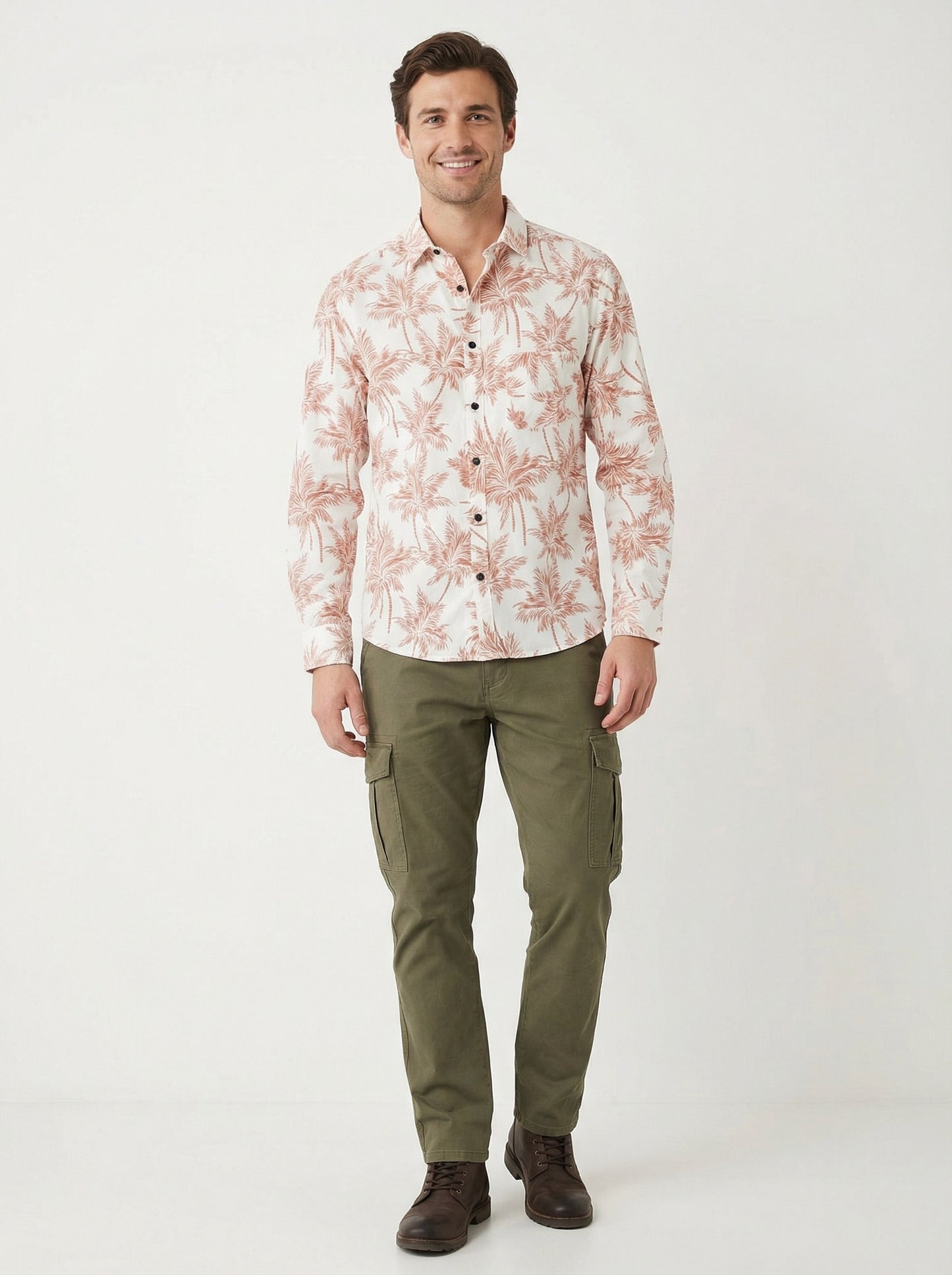 Men's Slim Fit Terracotta Palm Print Linen Blend Shirt