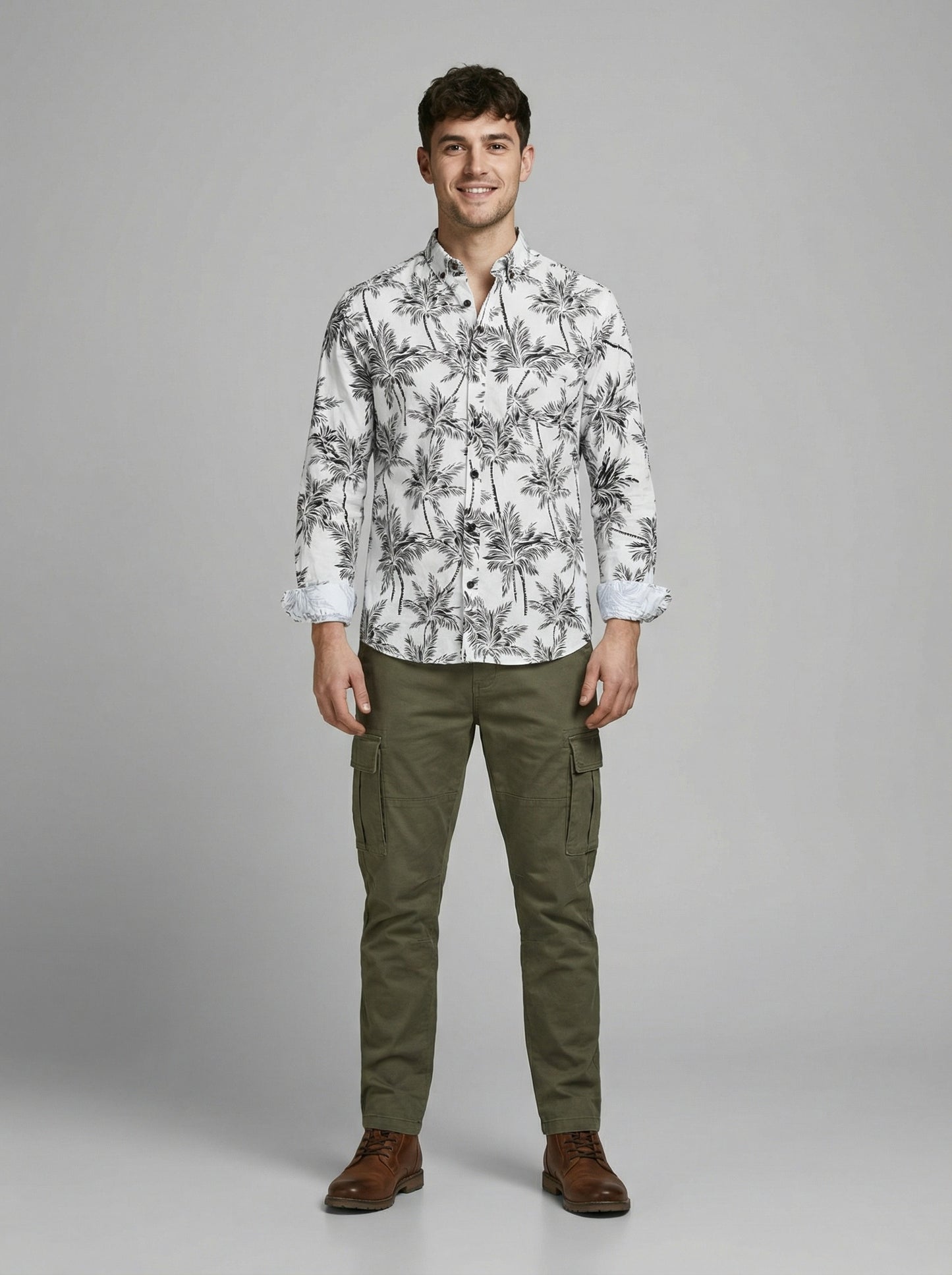 Monochrome Palm Print Viscose Resort Shirt - Long Sleeve Slim Fit