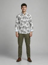 Monochrome Palm Print Viscose Resort Shirt - Long Sleeve Slim Fit