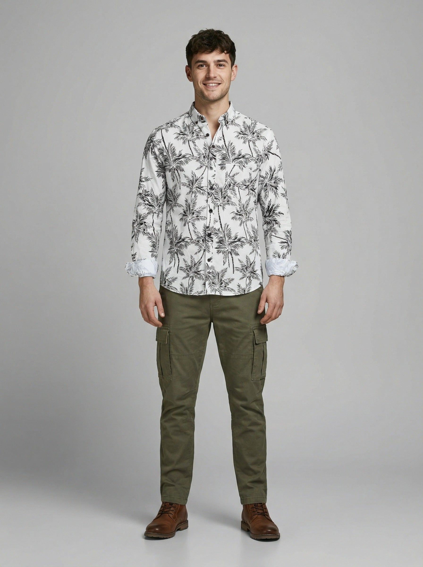 Monochrome Palm Print Viscose Resort Shirt - Long Sleeve Slim Fit