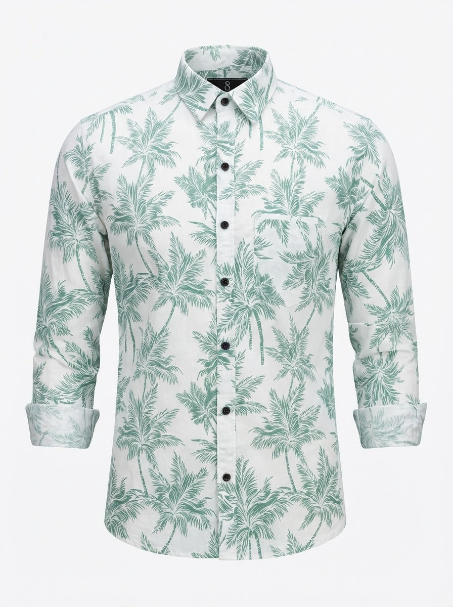 Premium Cotton Slim-Fit Palm Print Resort Shirt - Green/White