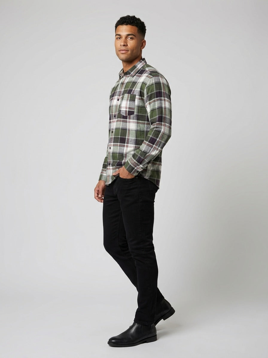 Men's Premium Green Plaid Cotton Flannel Shirt - Tailored Fit