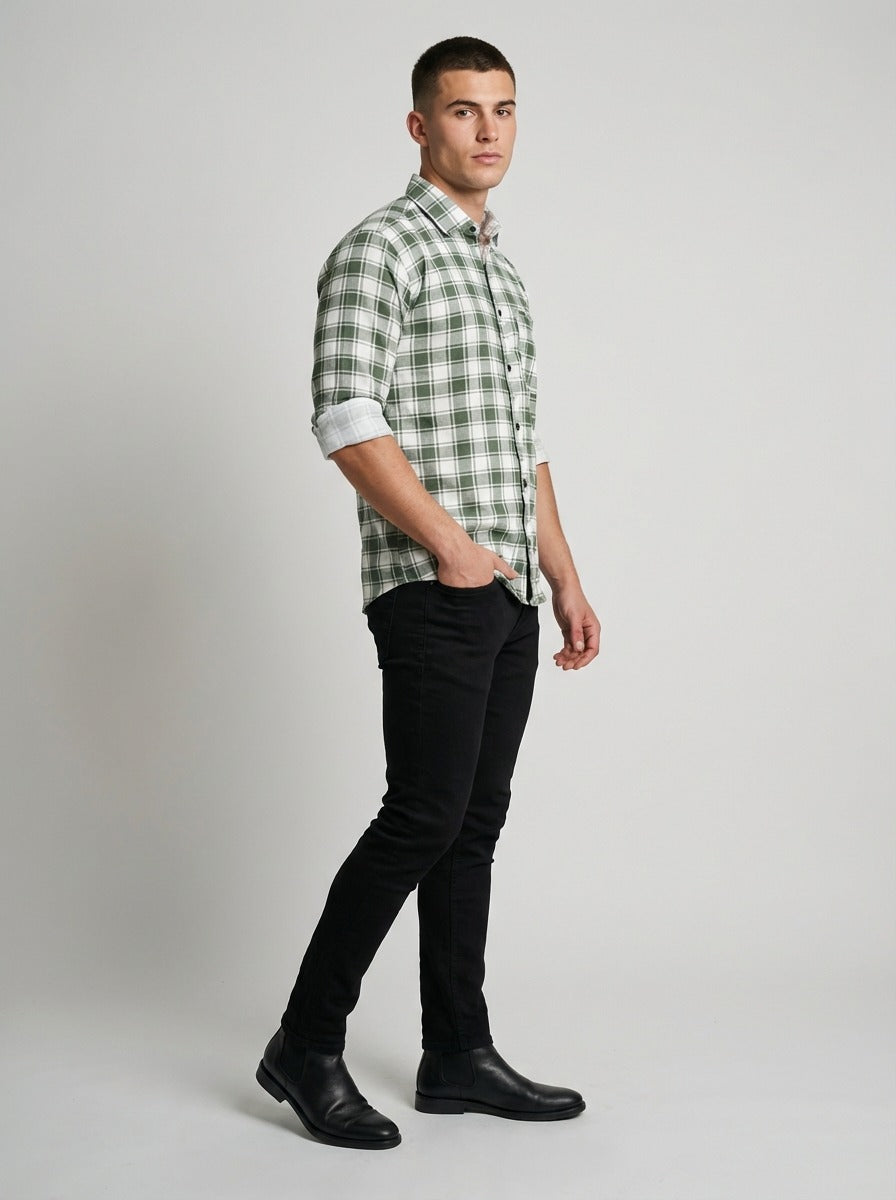 Men's Premium Green & White Plaid Cotton Button-Down Shirt