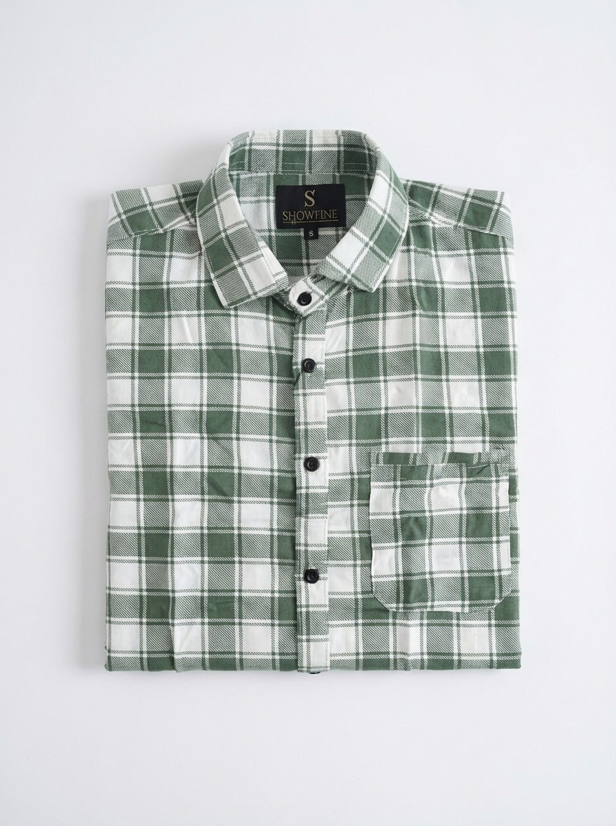 Men's Premium Green & White Plaid Cotton Button-Down Shirt