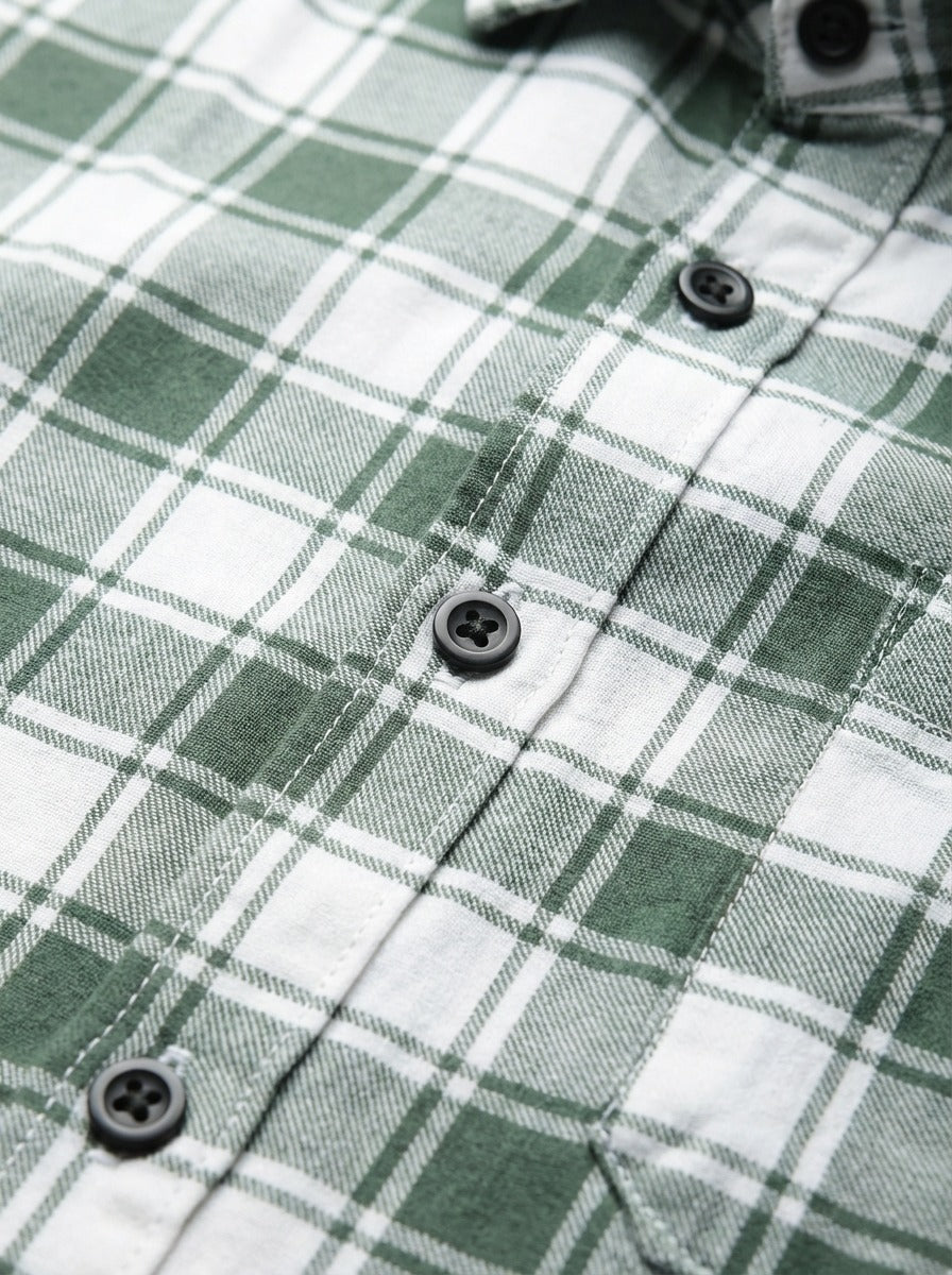 Men's Premium Green & White Plaid Cotton Button-Down Shirt