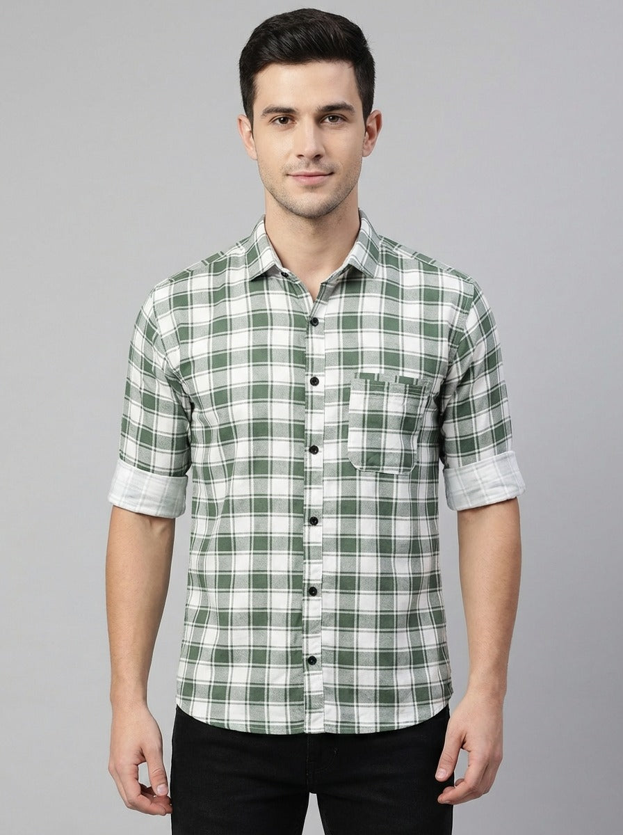 Men's Premium Green & White Plaid Cotton Button-Down Shirt