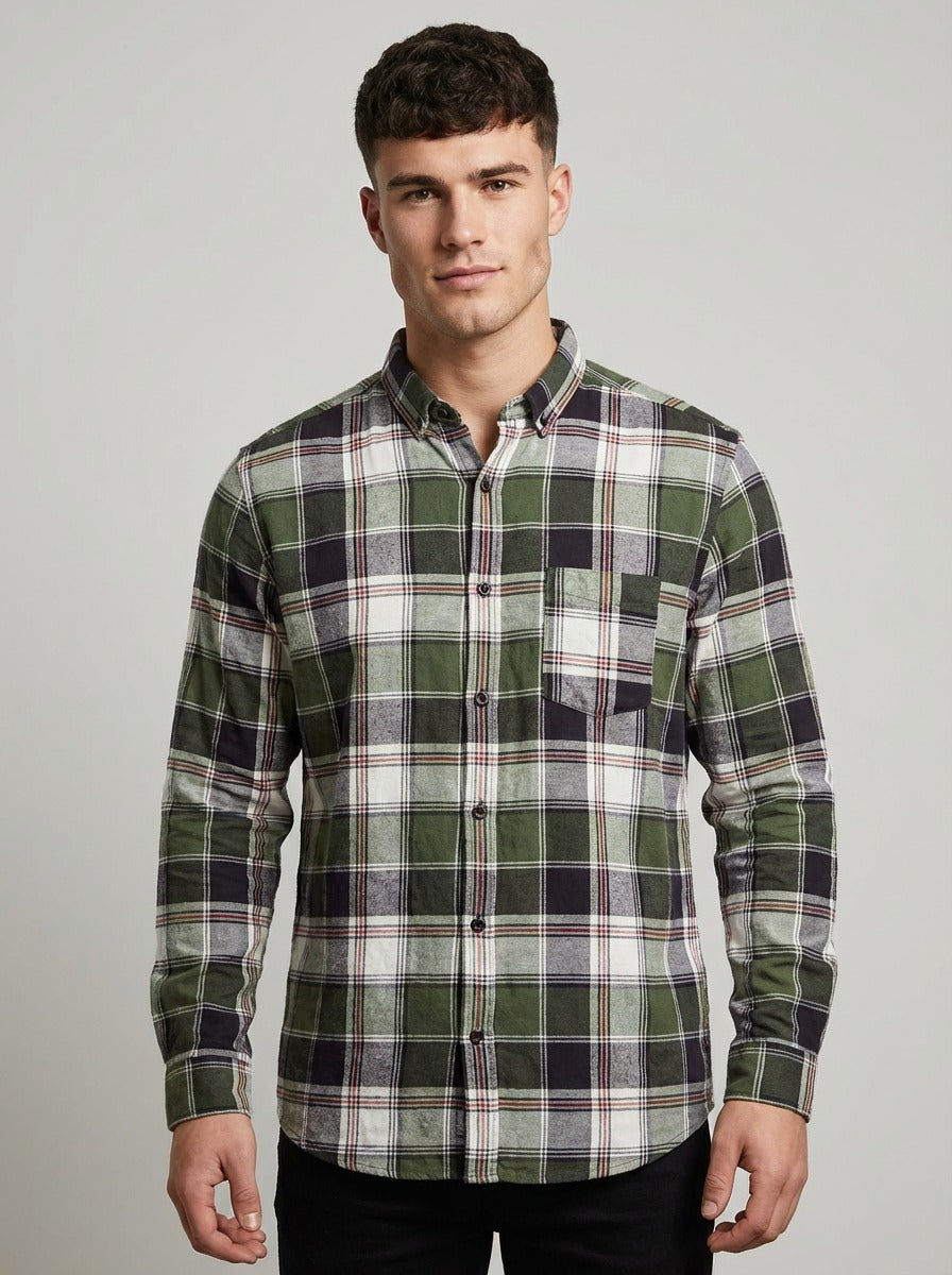 Men's Premium Green Plaid Cotton Flannel Shirt - Tailored Fit